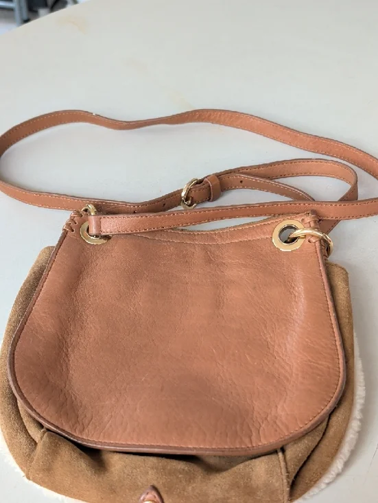 UGG Tan Suede Crossbody with Floral Embroidery Wool Trim Roomy Chic Lightweight - Picture 9 of 13